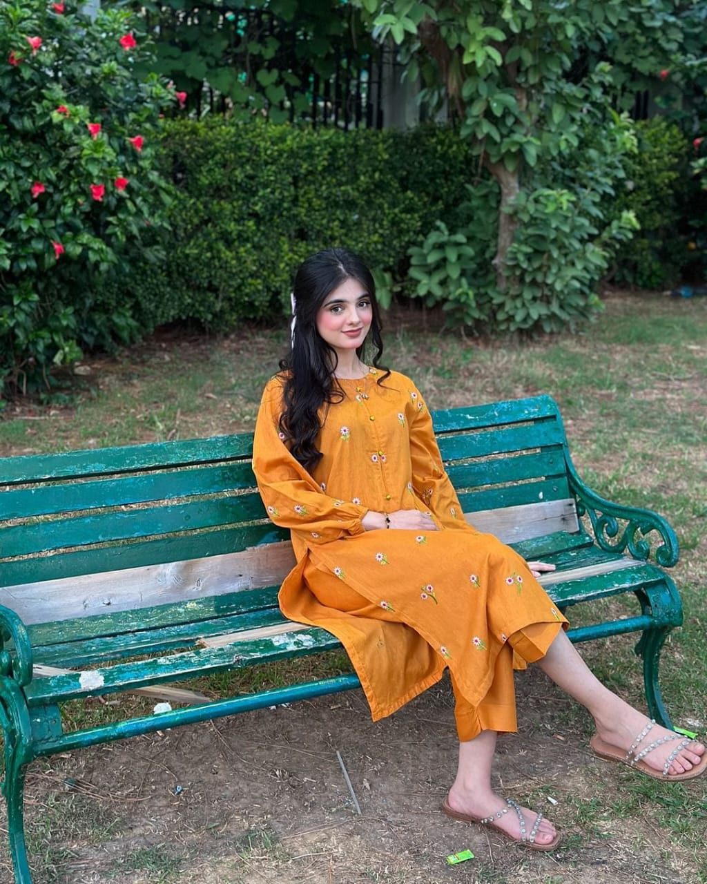 Mustard Linen Embroidered 2-Piece Suit for Women