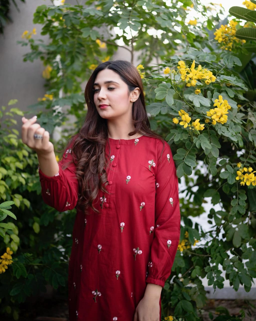 Red Linen Embroidered 2-Piece Suit for Women