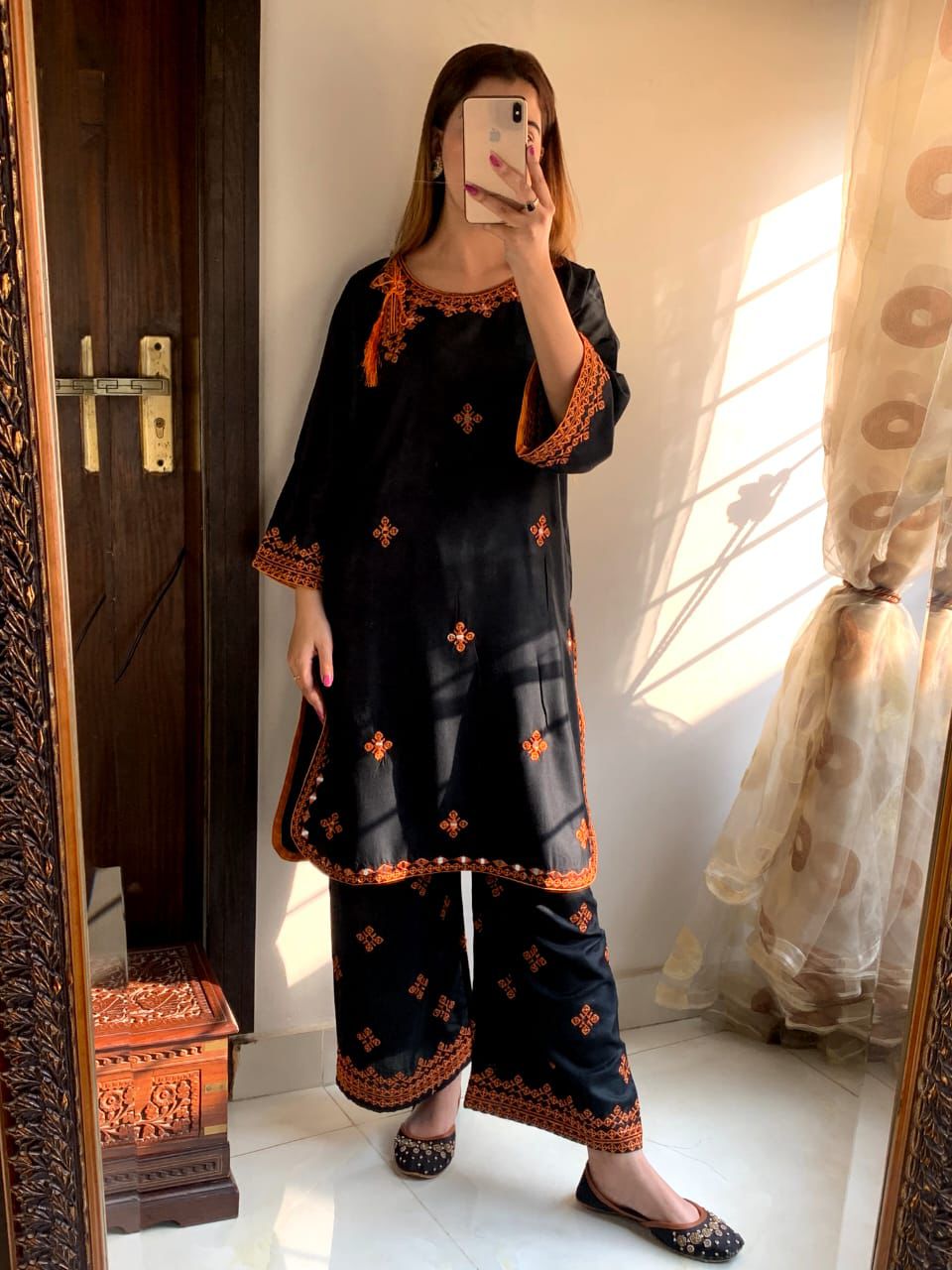 Black Linen Suit with Orange Embroidery | Traditional Folk Design