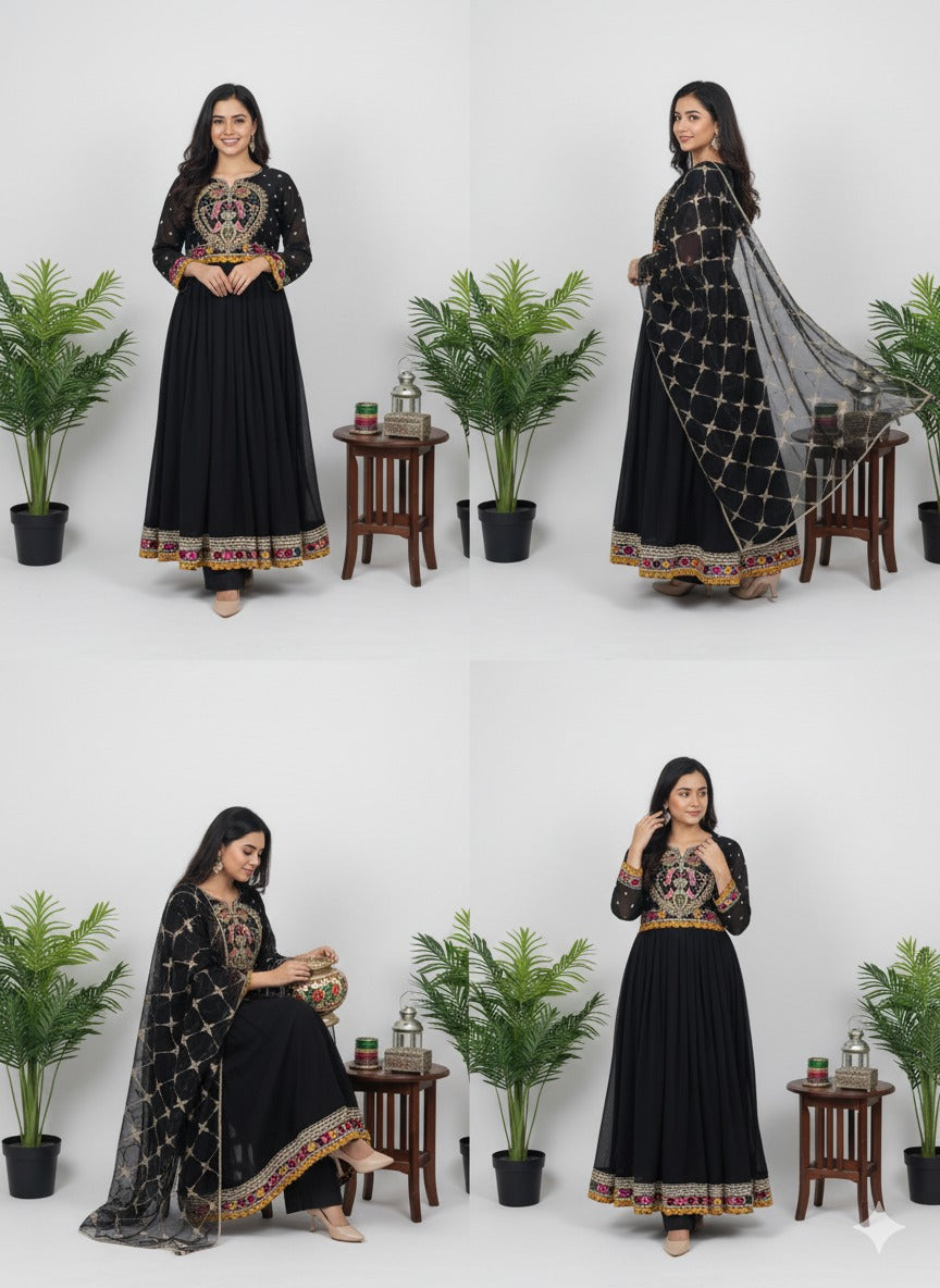 Black Shafoon Maxi with Multi-Color Hand Embroidery 3PC