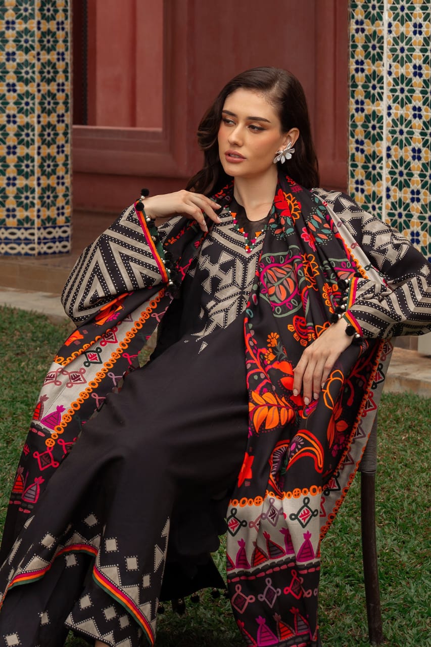 Libaas-e-Resham: Black Digital Print Suit with Vibrant Shawl
