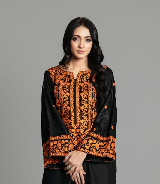 Libaas e resham Premium Embroidered Linen 2-Piece Kurta Plazo Set - Black & Orange