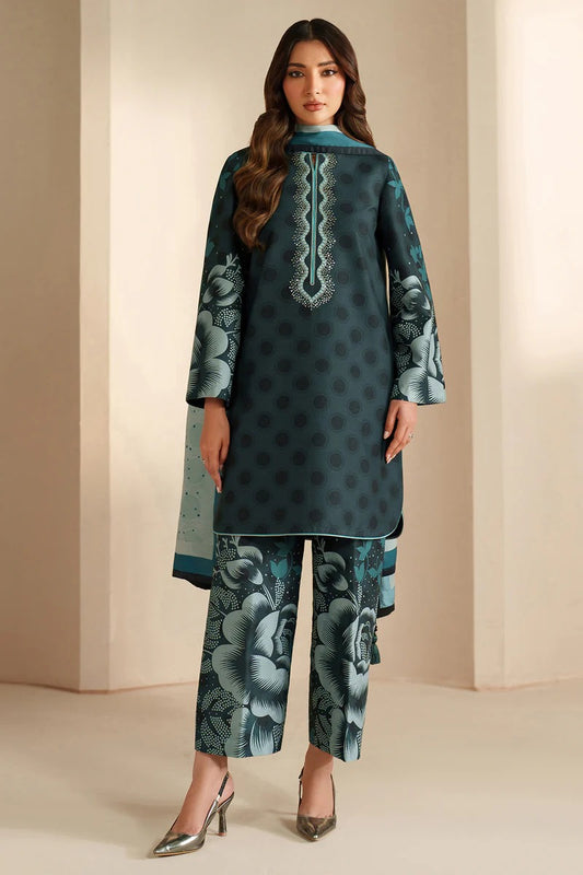 Libaas-e-Resham Winter Collection | Emerald Green Digital Print Dress