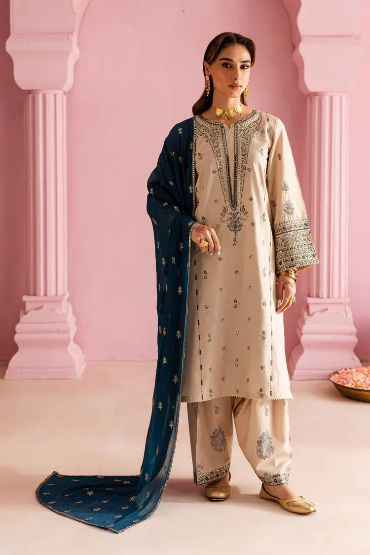 Dhanak 3-Piece Skin Color Embroidered Cotton Suit with Blue Chiffon Dupatta