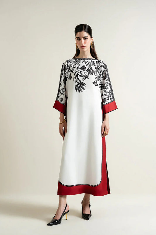 Libaas-e-Resham Digital Print 3PC Outfit | Flowing White Kurta & Scarlet Trousers