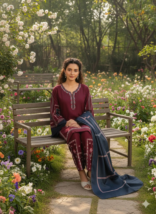 Libaas-e-Resham Mahroon Embroidered 3-Pc Linen Suit