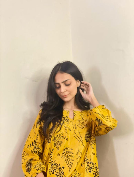 Block Print Linen Suit | Black & Yellow 2-Piece Set