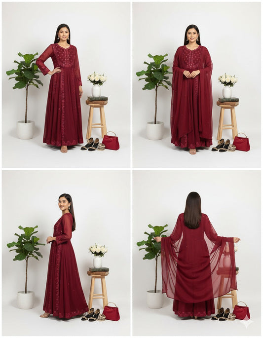 Maroon Chiffon Maxi - Hand-Embroidered 3PC Wedding Suit
