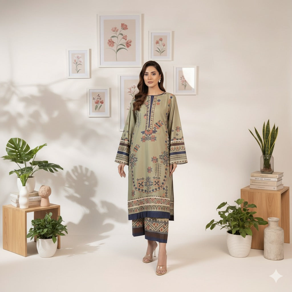 Ethnic Embroidered Design 2-Piece Outfit | Long Kameez & Trousers
