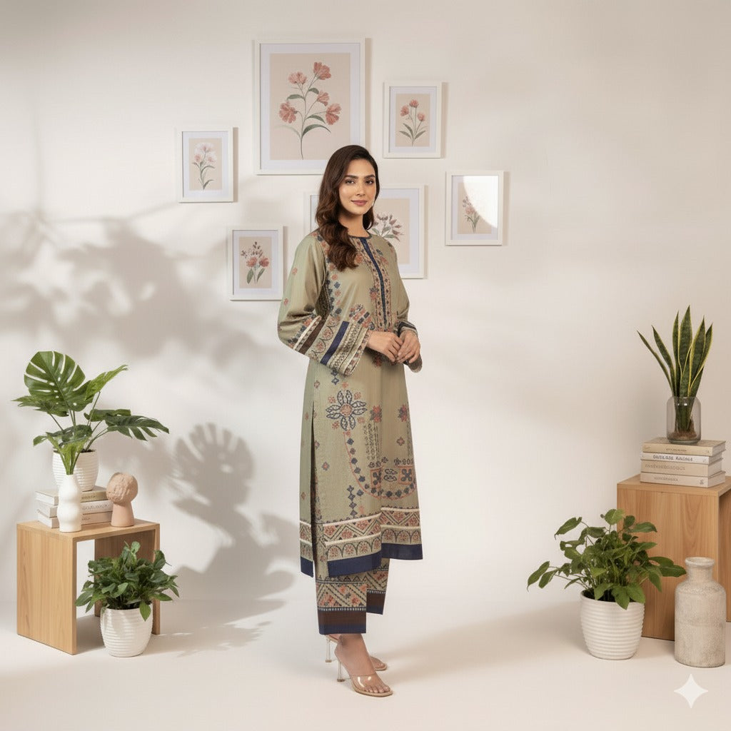 Ethnic Embroidered Design 2-Piece Outfit | Long Kameez & Trousers