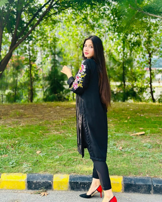 Premium Black Linen Embroidered 2-Piece – Libaas-e-Resham (Sizes S, M, L)