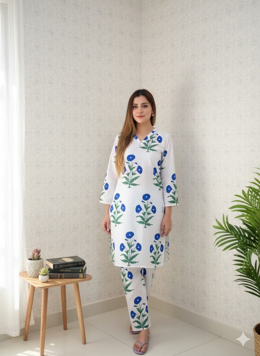 Fresh Blue & White Floral Print 2PC Suit | Casual Linen Tunic & Trousers