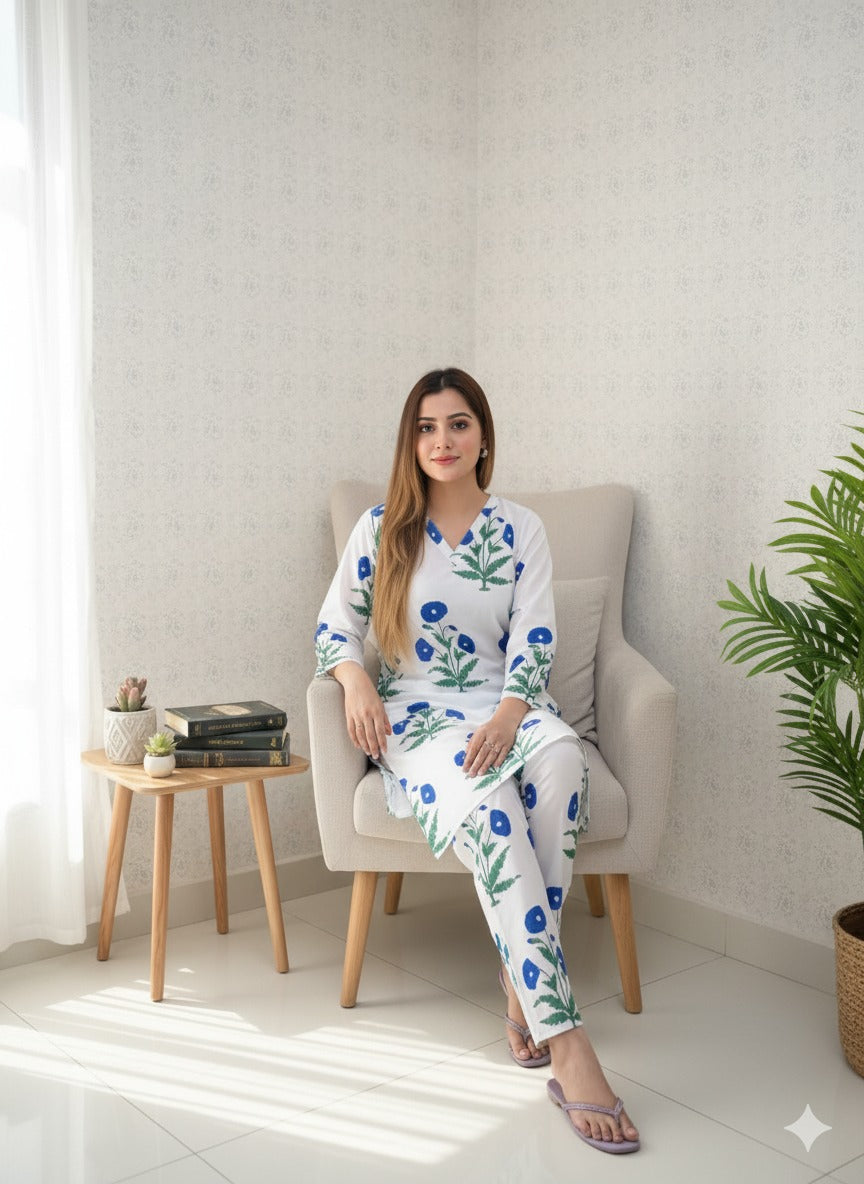 Fresh Blue & White Floral Print 2PC Suit | Casual Linen Tunic & Trousers
