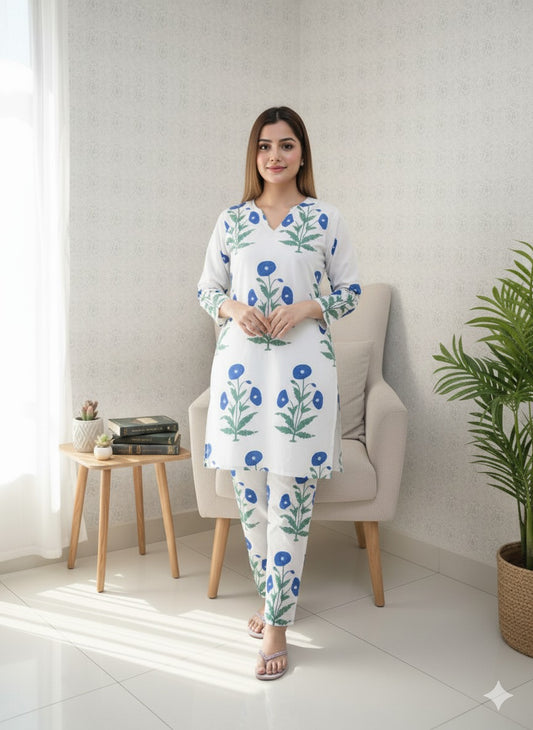 Fresh Blue & White Floral Print 2PC Suit | Casual Linen Tunic & Trousers