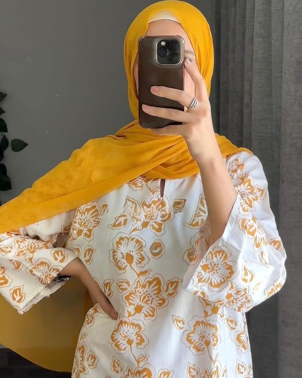 Mustard Floral Print 3PC Linen Suit | White Kurta, Trousers & Dupatta Set