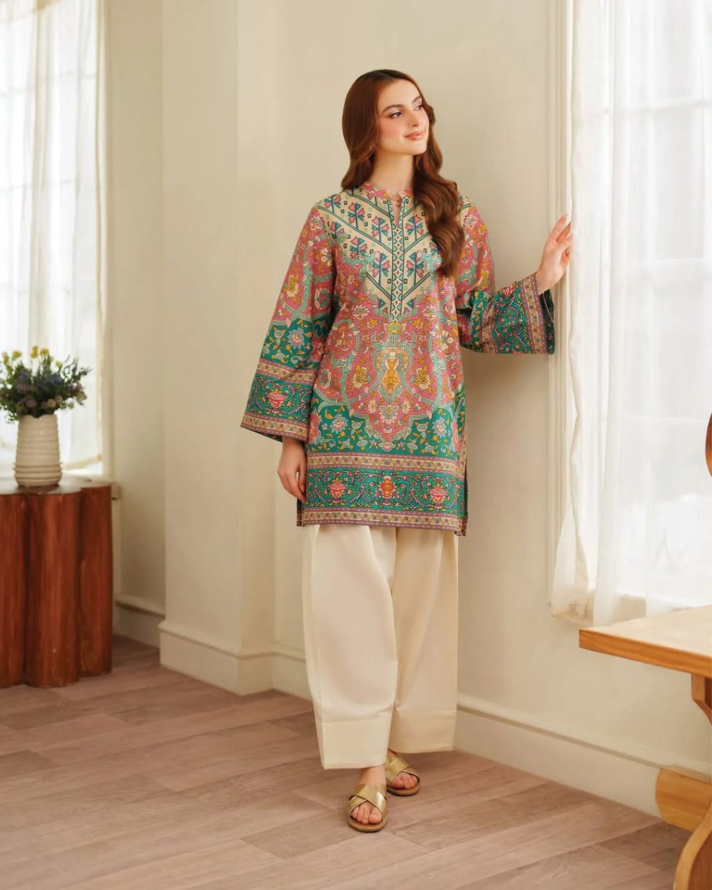 Libaas-e-Resham: Vibrant Printed Kurta & Ivory Trouser Set