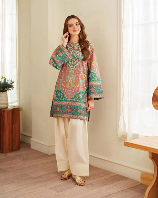 Libaas-e-Resham: Vibrant Printed Kurta & Ivory Trouser Set