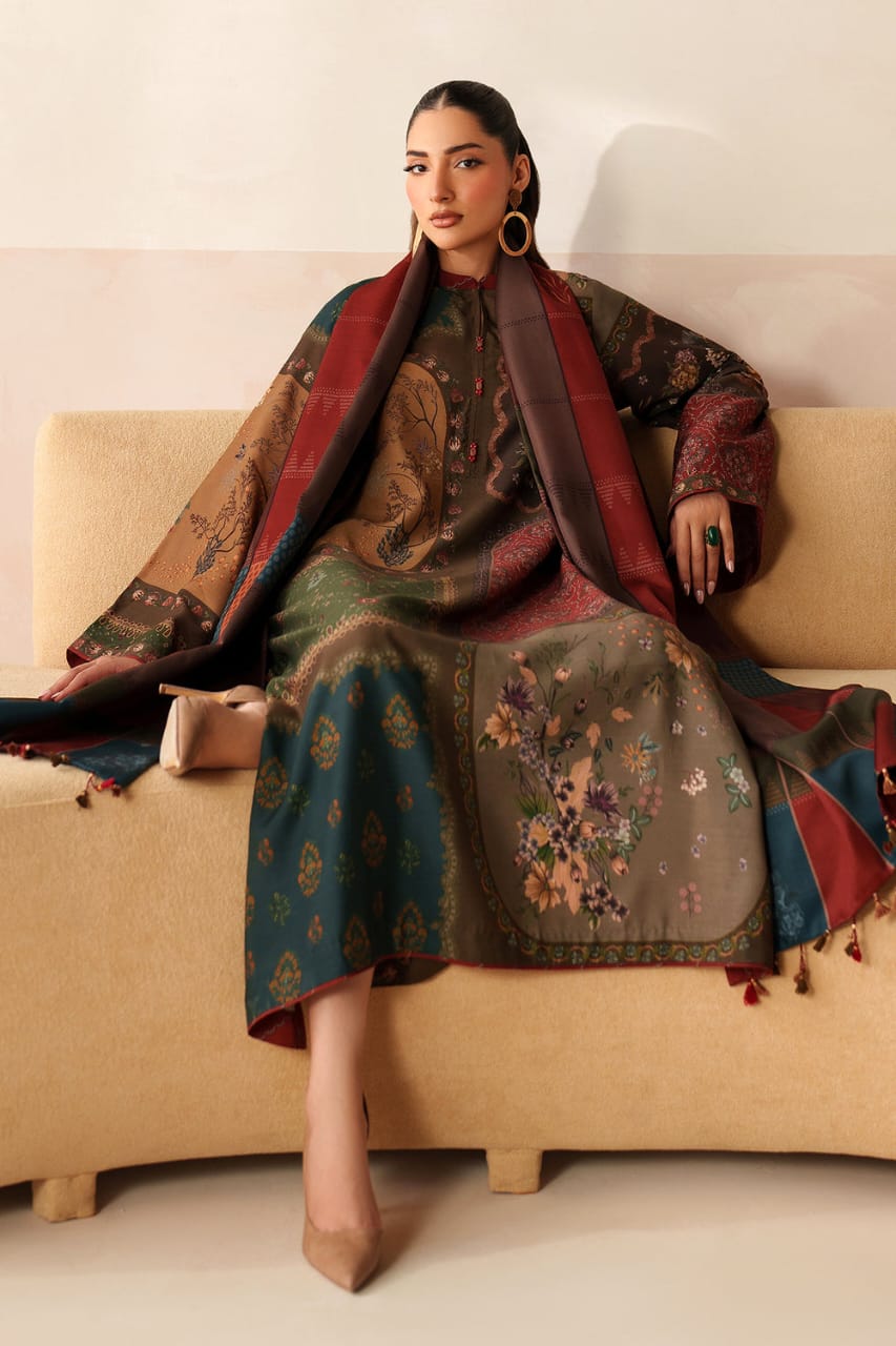 Libaas-e-Resham: Winter Shamoz silk Long Suit & Shawl