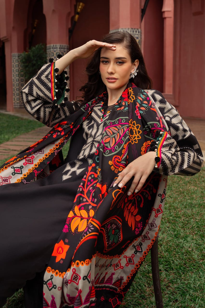 Libaas-e-Resham: Black Digital Print Suit with Vibrant Shawl