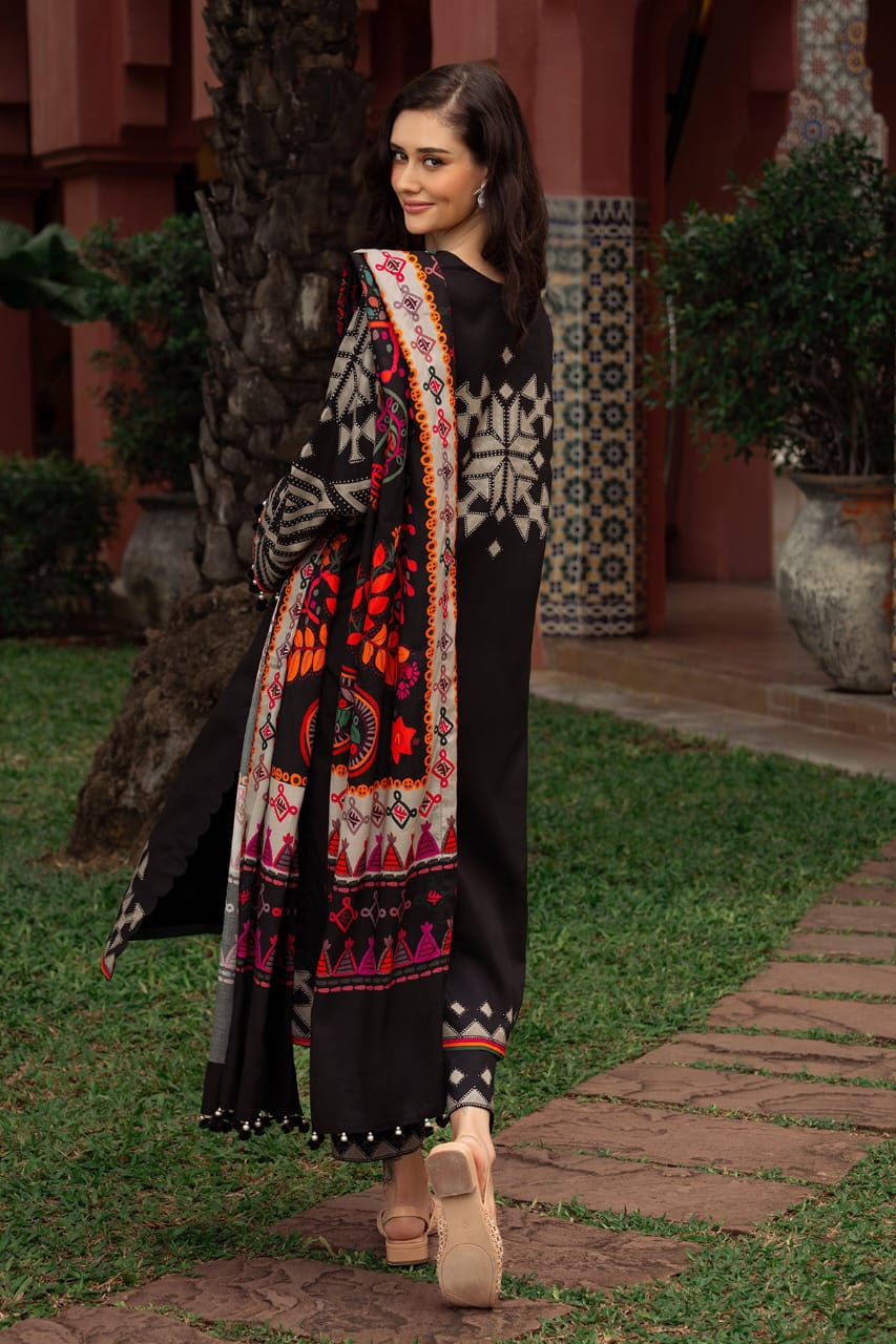 Libaas-e-Resham: Black Digital Print Suit with Vibrant Shawl