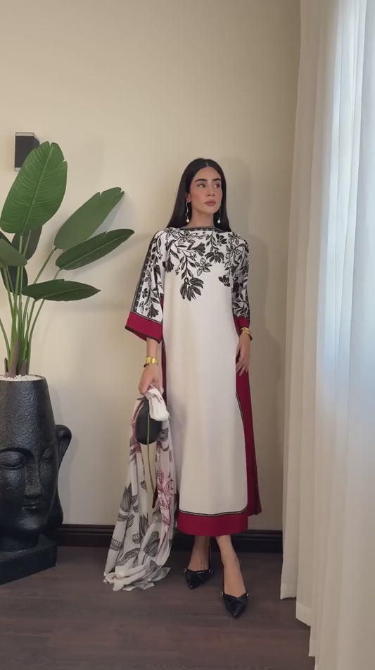 Libaas-e-Resham Digital Print 3PC Outfit | Flowing White Kurta & Scarlet Trousers