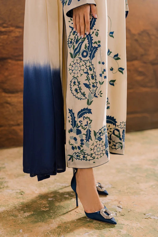 Libaas-e-Resham Cream & Blue Embroidered Suit with Ombre Dupatta