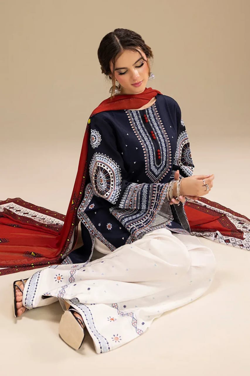 Navy Blue 3-Piece Cotton Kurta Set for Women - Embroidered Daily Wear