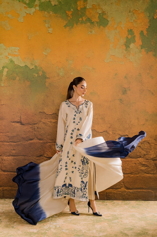 Libaas-e-Resham Cream & Blue Embroidered Suit with Ombre Dupatta