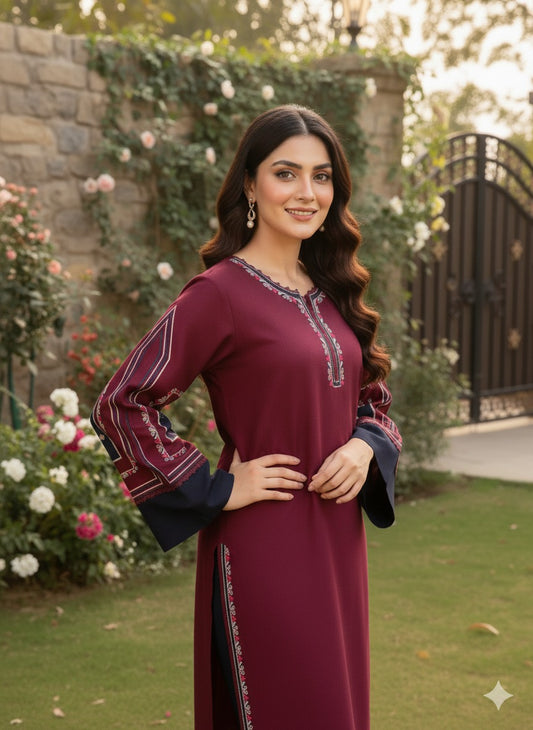 Libaas-e-Resham Mahroon Embroidered 3-Pc Linen Suit