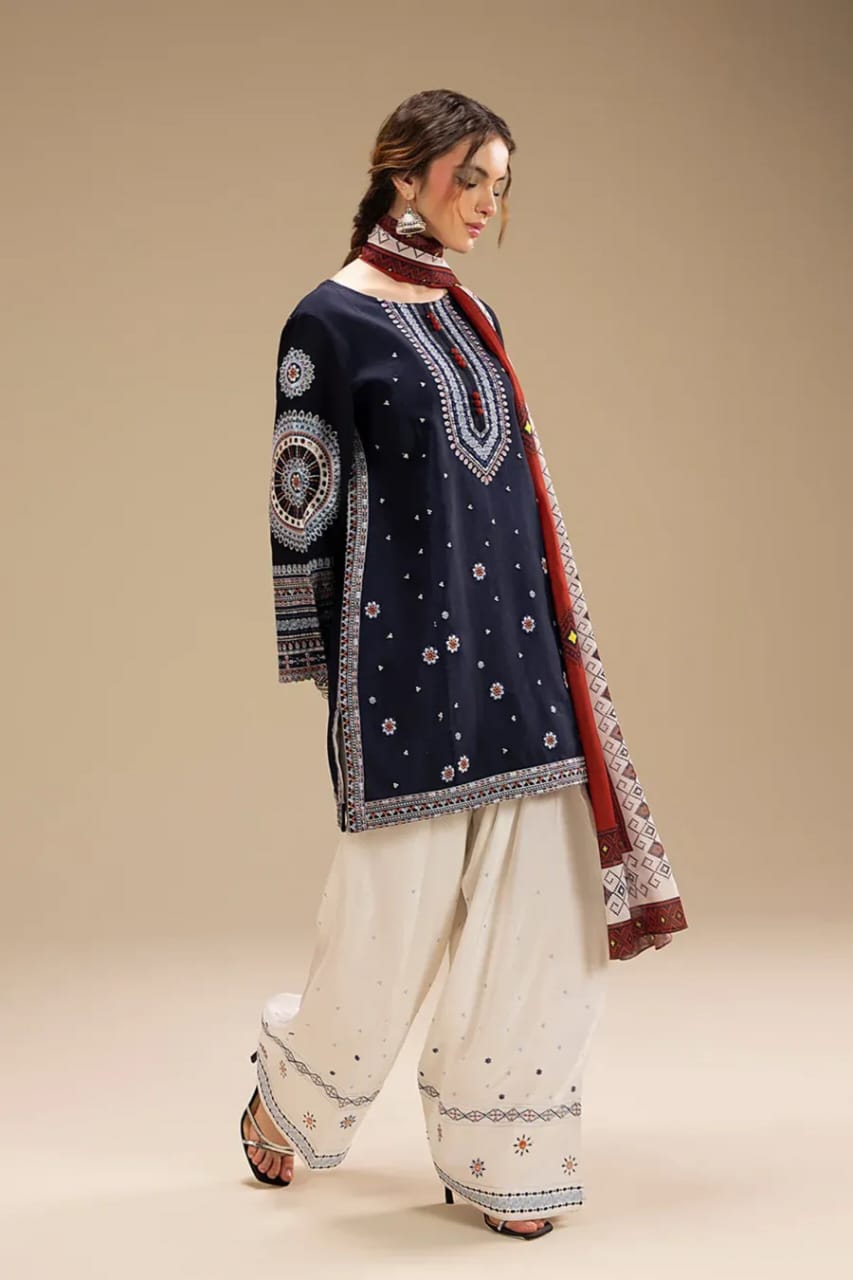 Navy Blue 3-Piece Cotton Kurta Set for Women - Embroidered Daily Wear