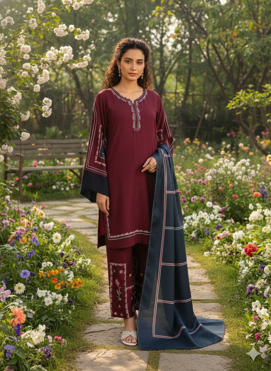 Libaas-e-Resham Mahroon Embroidered 3-Pc Linen Suit