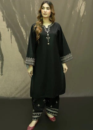 Libaas-e-Resham: Women's Black Embroidered Linen Kurta Set - 2 Piece Ready to Wear