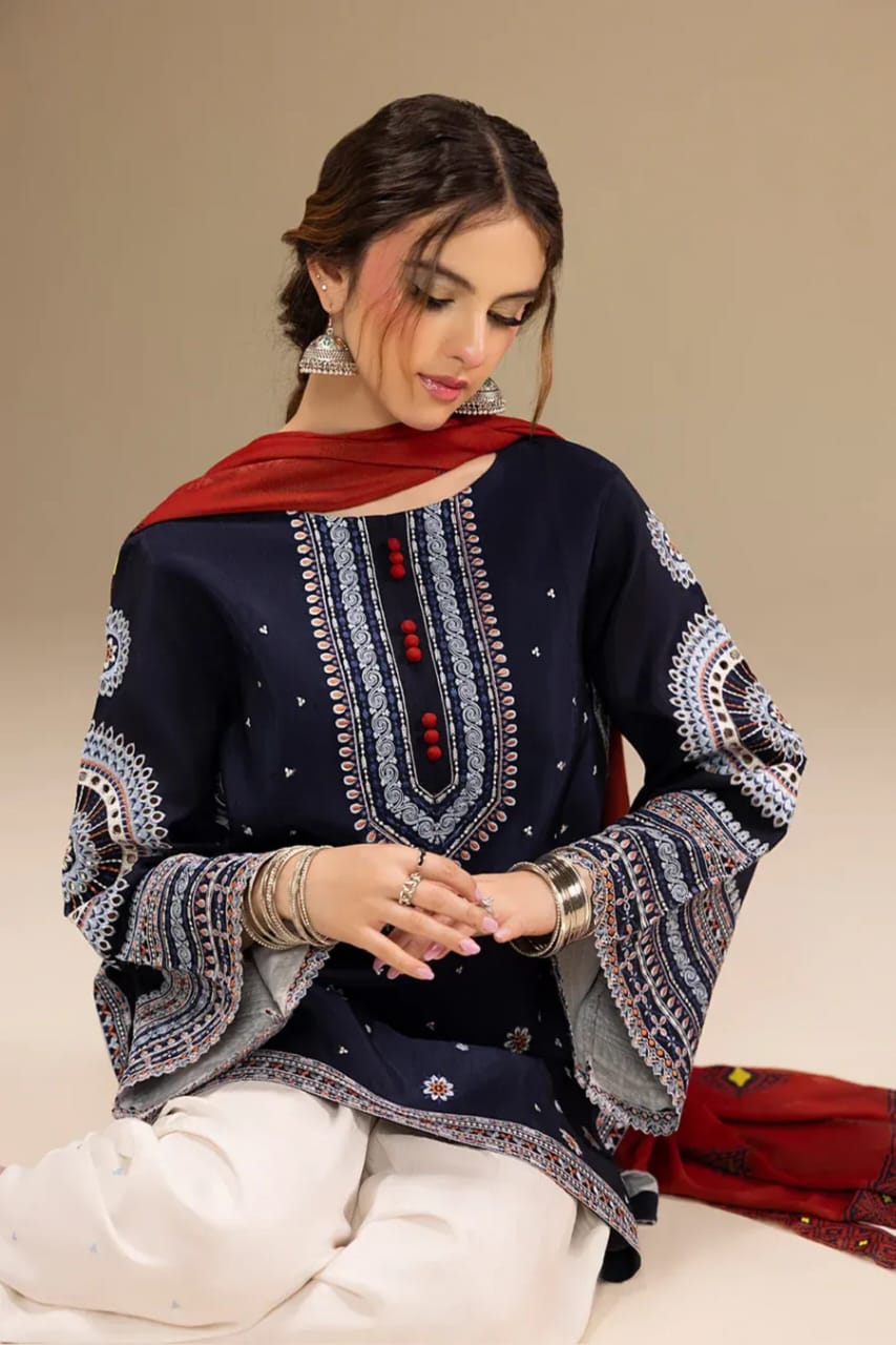 Navy Blue 3-Piece Cotton Kurta Set for Women - Embroidered Daily Wear