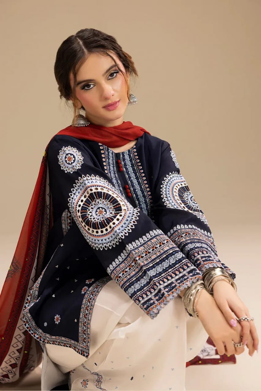 Navy Blue 3-Piece Cotton Kurta Set for Women - Embroidered Daily Wear