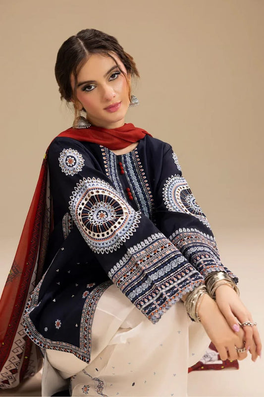 Navy Blue 3-Piece Cotton Kurta Set for Women - Embroidered Daily Wear