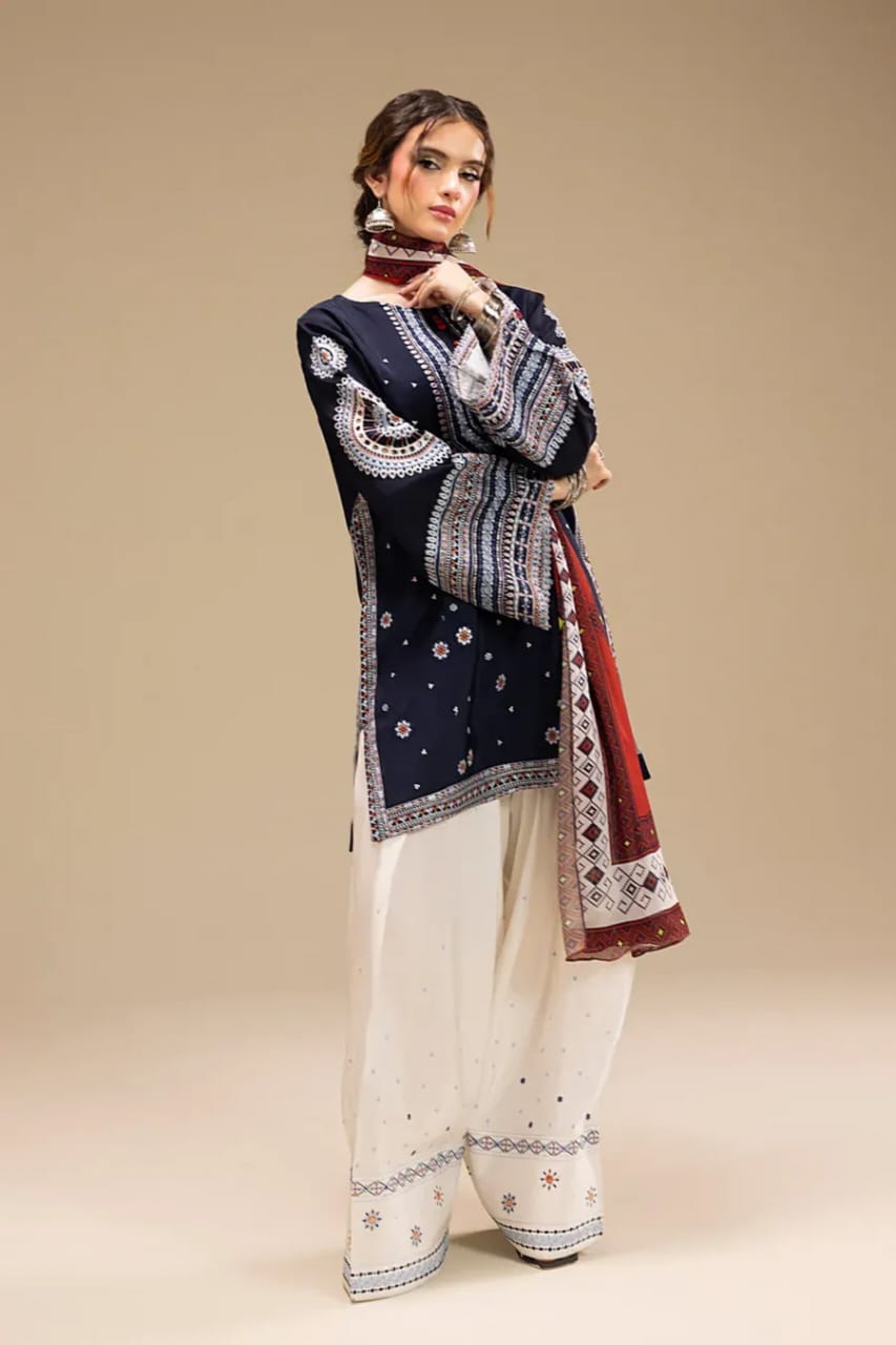 Navy Blue 3-Piece Cotton Kurta Set for Women - Embroidered Daily Wear