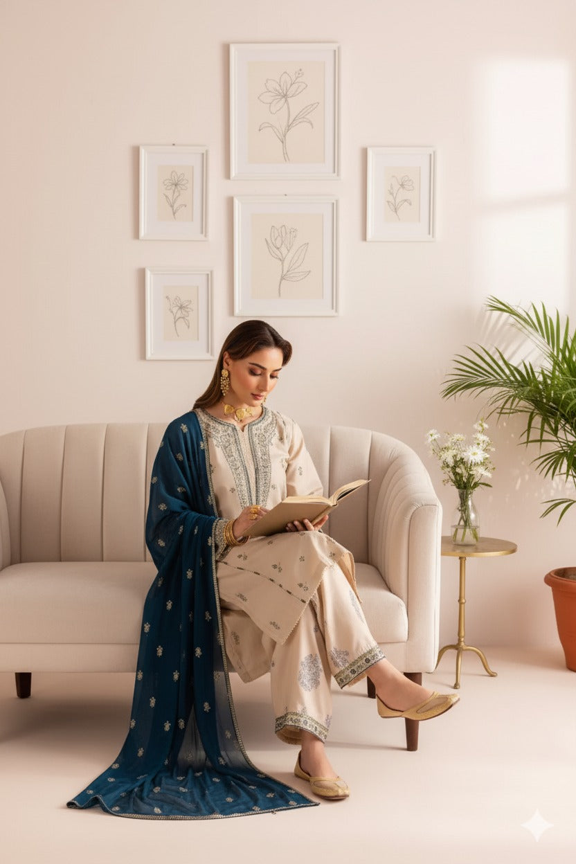 Dhanak 3-Piece Skin Color Embroidered Cotton Suit with Blue Chiffon Dupatta