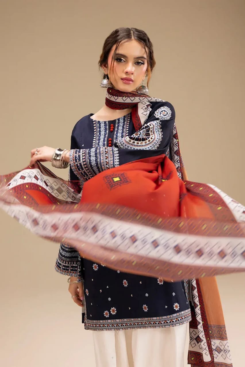Navy Blue 3-Piece Cotton Kurta Set for Women - Embroidered Daily Wear