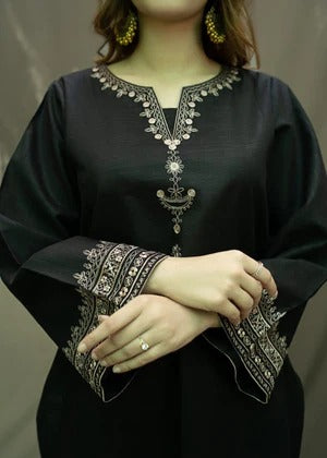 Libaas-e-Resham: Women's Black Embroidered Linen Kurta Set - 2 Piece Ready to Wear