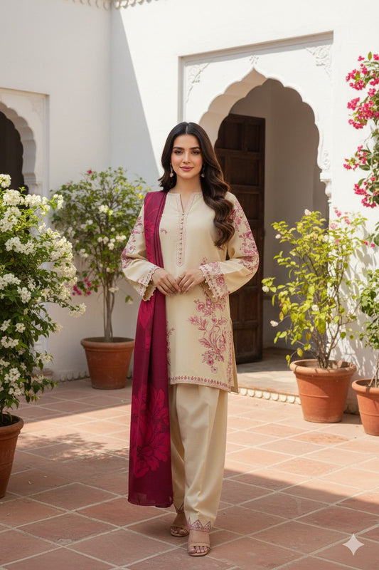 Libaas-e-Resham Stone Linen Embroidered 3-Pc Suit