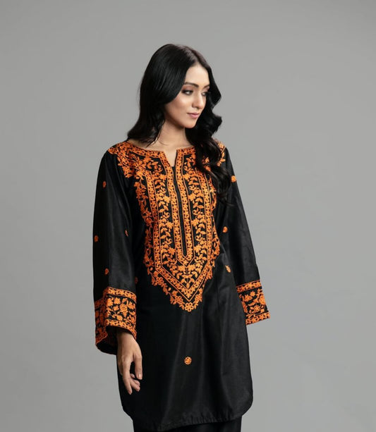 Libaas e resham Premium Embroidered Linen 2-Piece Kurta Plazo Set - Black & Orange